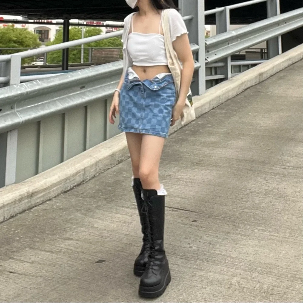 Denim mini checkerboard skirt - Picture 2 of 2